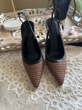 DKNY Brown Woven Pointed-Toe Slingback Heels with Black Trim